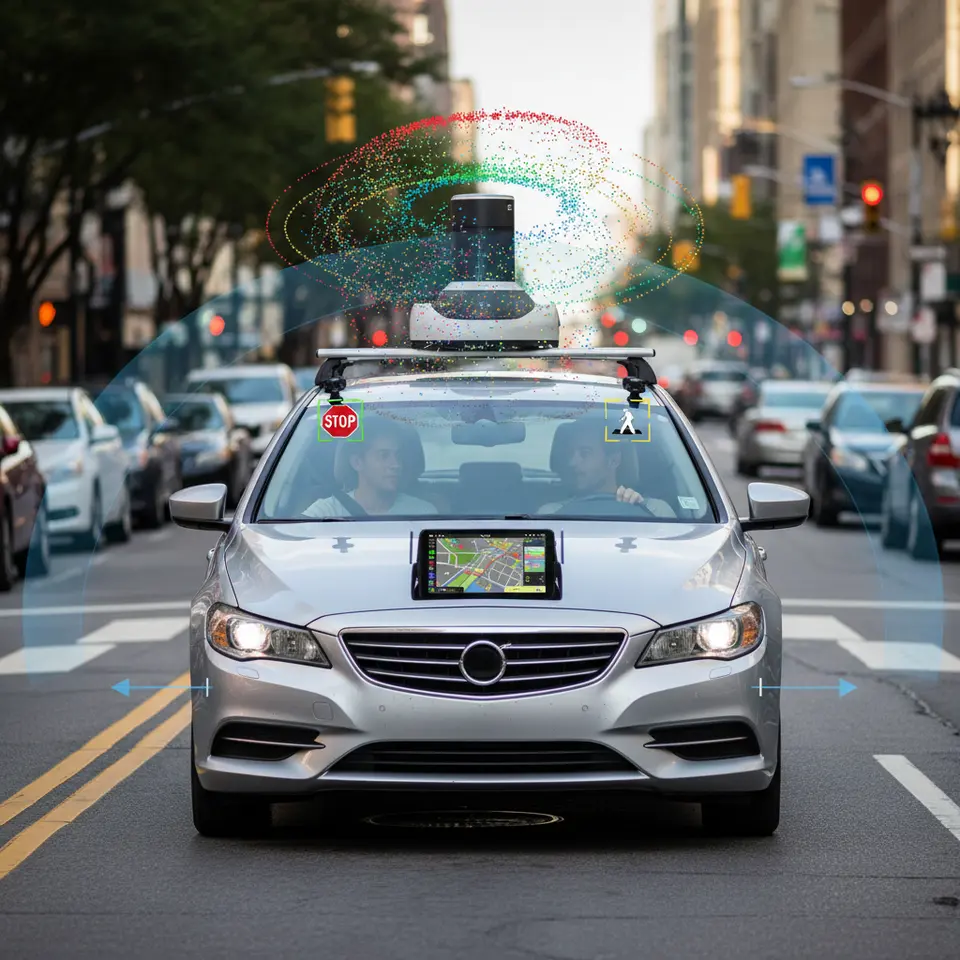 A self-driving car equipped with a roof-mounted LiDAR spinning to produce a colorful 3D point cloud, radar beams scanning nearby vehicles and obstacles, and front-facing cameras detecting traffic signs and pedestrians—all fused into a unified real-time perception display