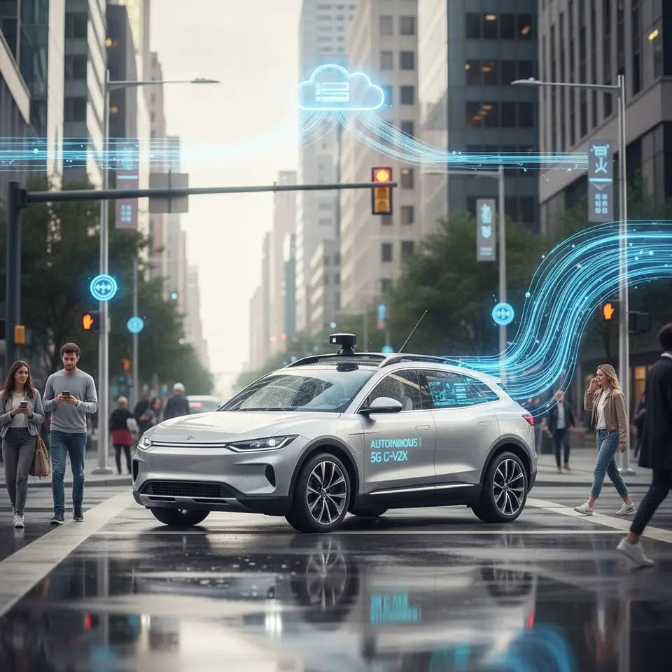 An AI-driven autonomous vehicle in a smart city environment, exchanging data over 5G/C-V2X with roadside units and traffic signals, while onboard edge-computing modules process sensor inputs locally—visualized by glowing data streams linking car, lamp posts, and cloud servers