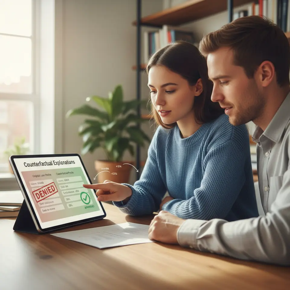 Counterfactual Explanations – A split-panel infographic showing an applicant’s original loan profile on the left (with fields like income, credit utilization, and debt highlighted in muted colors and a red “Denied” stamp) and a minimally adjusted counterfactual profile on the right (income slightly higher, credit utilization slightly lower, highlighted in green, with a green “Approved” checkmark), arrows between panels illustrating the small feature changes that flip the decision.