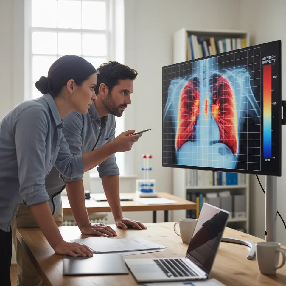 Attention and Feature Visualization – A high-resolution medical scan (e.g., a lung X-ray or MRI) overlaid with a colorful Grad-CAM heatmap: regions of highest model attention glowing in red and orange, fading to blue in low-attention areas, with transparent gridlines and a sidebar legend describing attention intensity, conveying how a deep learning model focuses on key anatomical features.