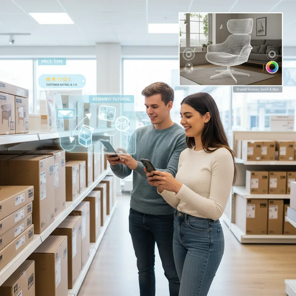 An interactive retail AR scene: shoppers in a store pointing their phones at shelves to reveal floating digital price tags, customer ratings, and assembly tutorials. Inset a remote friend’s view of a shared 3D furniture model in a living room, with collaborative controls for resizing and recoloring, emphasizing real-time, multi-user AR shopping experience.